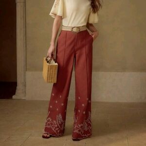 High-Waist Wide-Leg Embroidered Boho Spring/Summer Pants - Rust